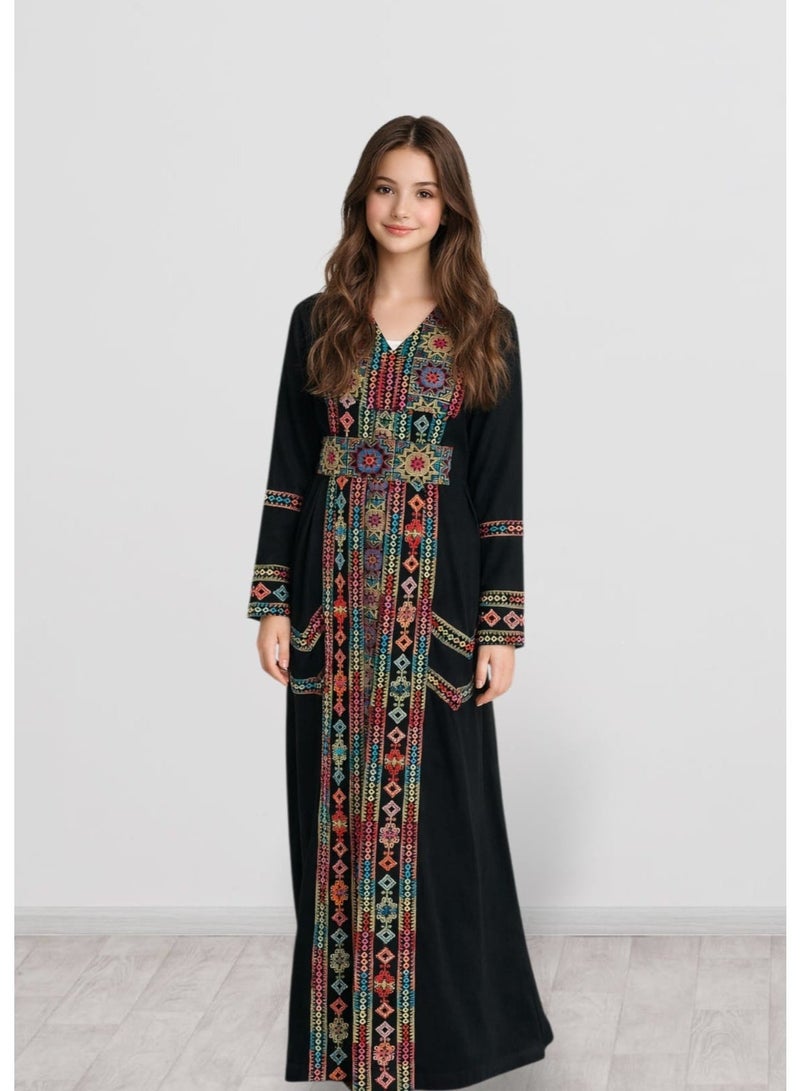 3DM Black Palestinian Dress with Multicolored Embroidery - Image 1